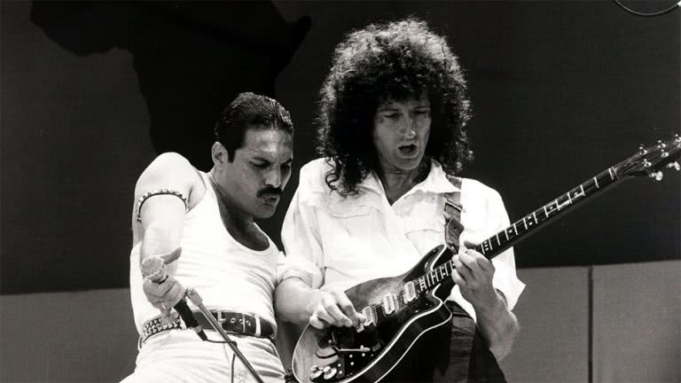 Queen frontman Freddie Mercury and guitarist Brian May performing at Live Aid