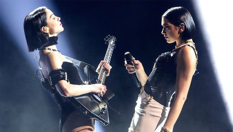 St. Vincent and Dua Lipa performing at the Grammys