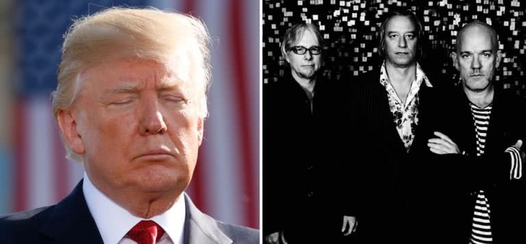 2 panel image of US President Donald Trump and iconic rockers R.E.M.
