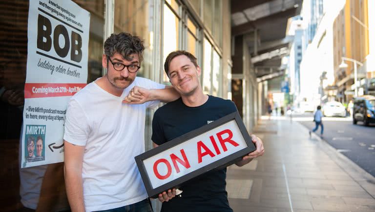 Former triple j hosts Kyran Wheatley and Alex Dyson outside of the soon-to-be-opened Balding Older Brother
