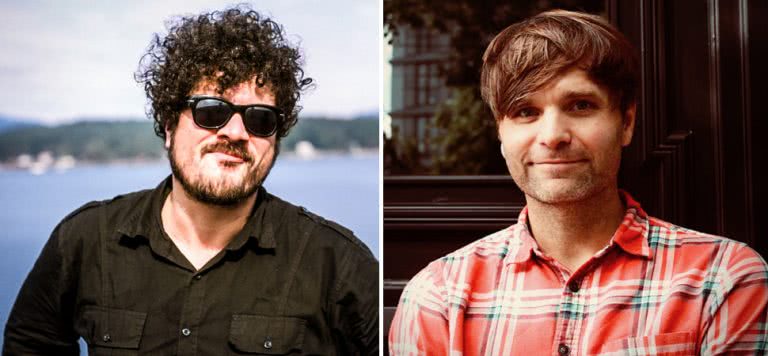 2 panel image of Richard Swift and Death Cab For Cutie's Ben Gibbard