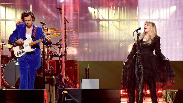 Harry Styles and Stevie Nicks performing at the Rock and Roll Hall of Fame induction ceremony