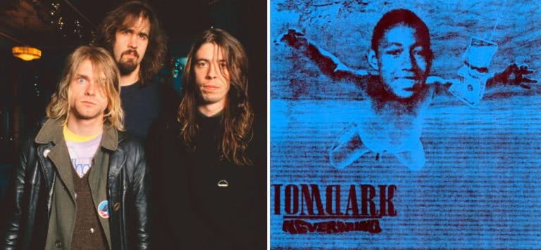 2 panel image of grunge-rockers Nirvana and the cover to Tom Clark's 'Nevermind'