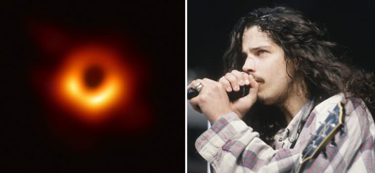 2 panel image of a black hole and Soundgarden's Chris Cornell