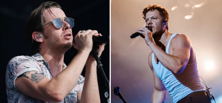 2 panel image of Foster The People's Mark Foster and Imagine Dragons' Dan Reynolds