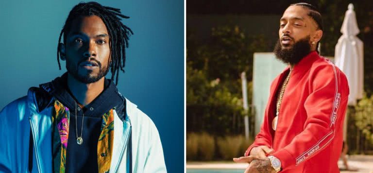 2 panel image of artists Miguel and Nipsey Hussle