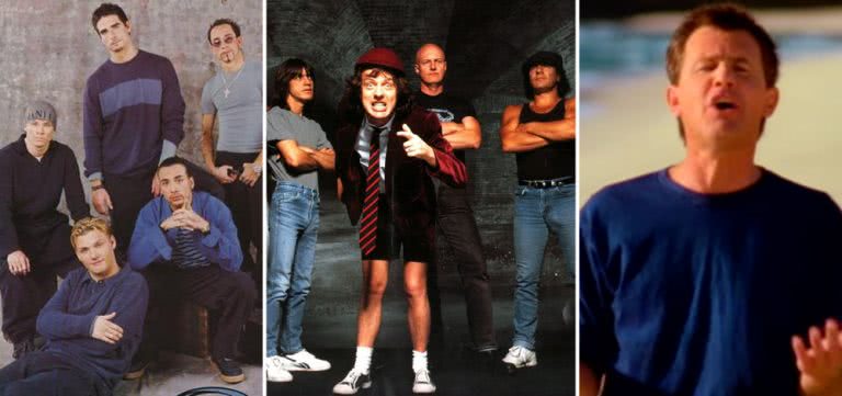 3 panel image of the Backstreet Boys, AC/DC, and Daeyl Braithwaite, 3 artists that topped Apple Music's 200 Most Streamed Songs of the 90s