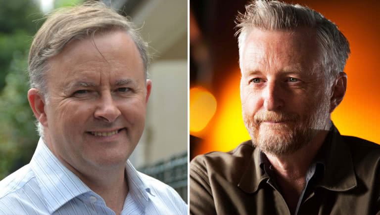 2 panel image of Anthony Albanese and Billy Bragg