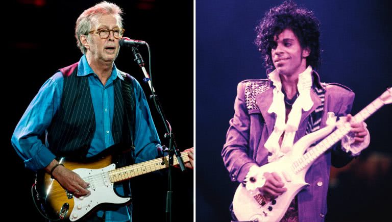 2 panel image of Eric Clapton and Prince