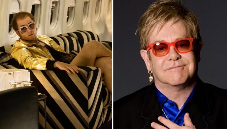 2 panel image of Taron Egerton as Elton John in 'Rocketman', and Elton John