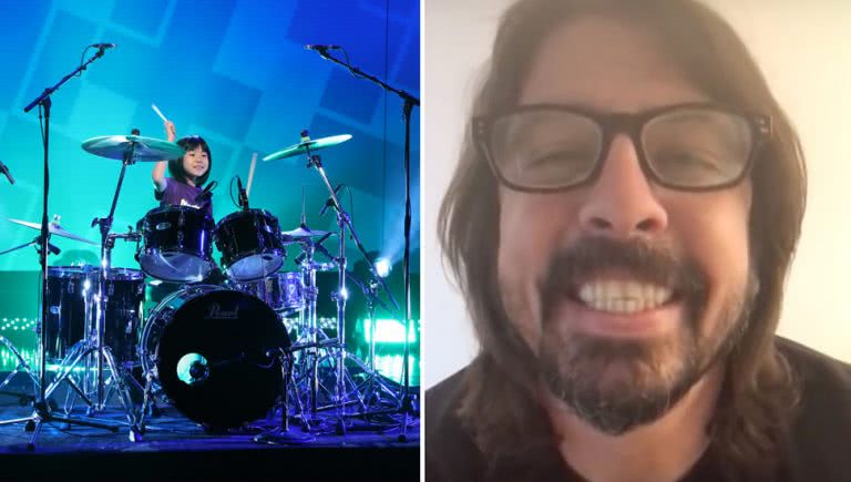 2 panel images of Dave Grohl of the Foo Fighters congratulating 9-year-old Yoyoka Soma