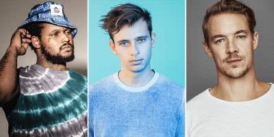 Three panel image of ScHoolboy Q, Flume, and Diplo, three acts performing at Listen Out 2019