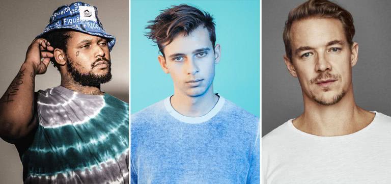 Three panel image of ScHoolboy Q, Flume, and Diplo, three acts performing at Listen Out 2019