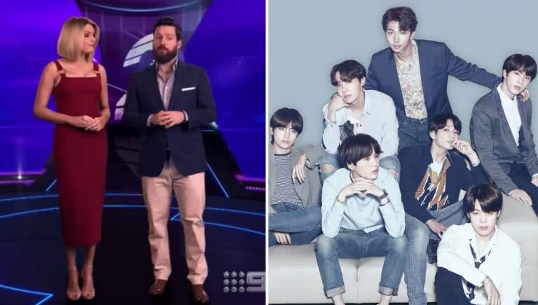 Image of the hosts of Channel 9's '20 To One' and the members of South Korean group BTS