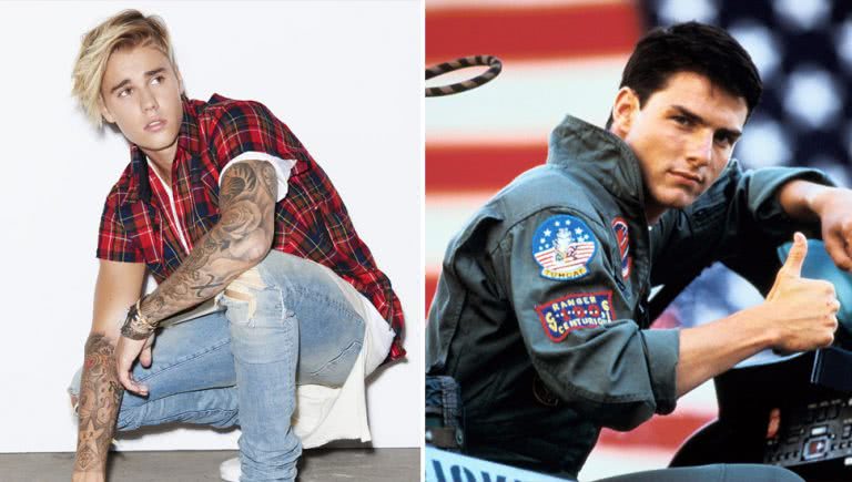 2 panel image of Justin Bieber and Tom Cruise in 'Top Gun'