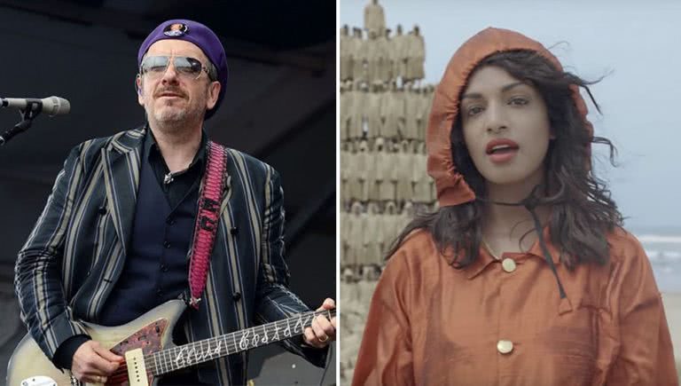 2 panel image of Elvis Costello and M.I.A.