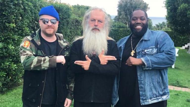 El-P and Killer Mike of Run The Jewels pictures with iconic producer Rick Rubin