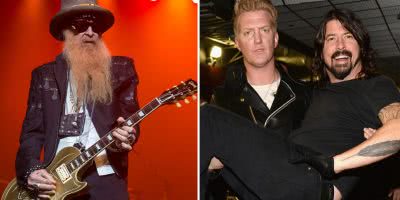 2 panel image of Billy Gibbons from ZZ Top and Josh Homme of Queens Of The Stone Age with Dave Grohl of the Foo Fighters