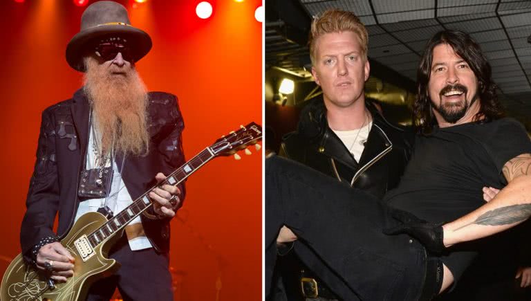 2 panel image of Billy Gibbons from ZZ Top and Josh Homme of Queens Of The Stone Age with Dave Grohl of the Foo Fighters