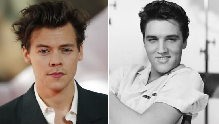 2 panel image of One Direction's Harry Styles and Elvis Presley
