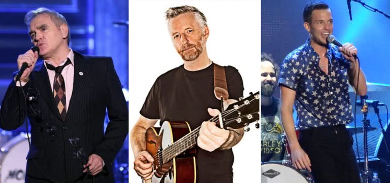 Three panel image of Morrissey, Billy Bragg, and Brandon Flowers of The Killers