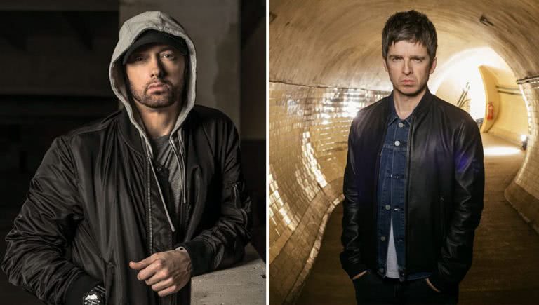 2 panel image of Eminem and Noel Gallagher
