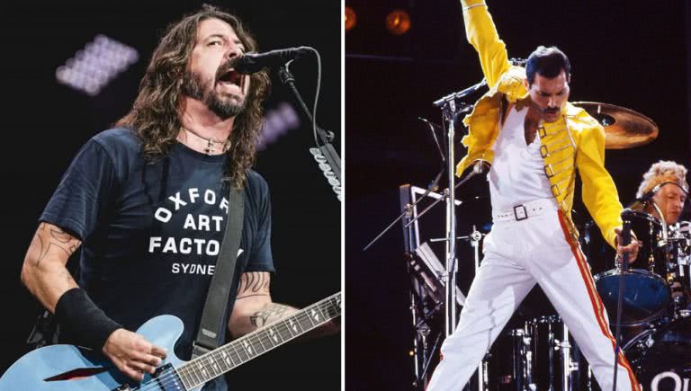 2 panel image of Dave Grohl from the Foo Fighters and Freddie Mercury of Queen