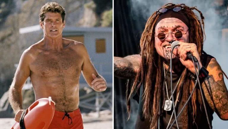 2 panel image of David Hasselhoff and Ministry's Al Jourgensen