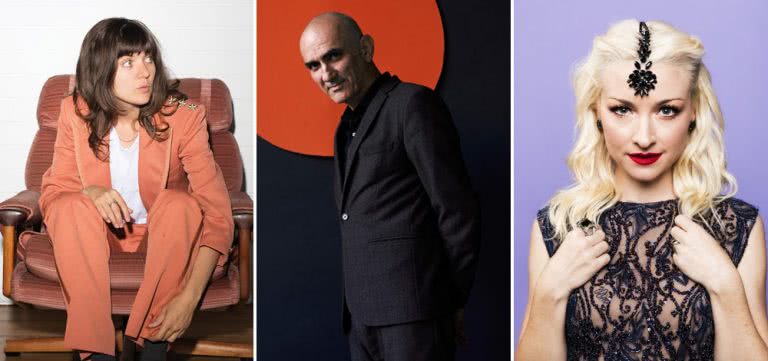 3 panel image of Courtney Barnett, Paul Kelly, and Kate Miller-Heidke, 3 of the artists performing at the 2019 Making Gravy concert series