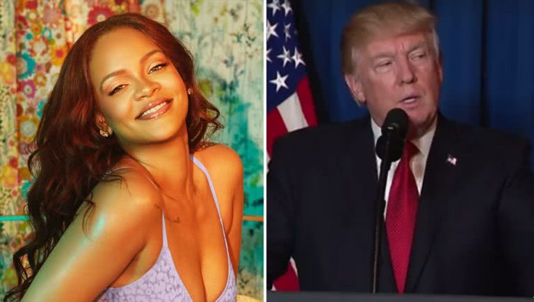 2 panel image of Rihanna and US President Donald Trump