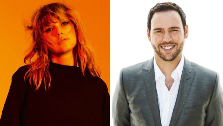 2 panel image of Taylor Swift and Ithaca Holdings founder Scooter Braun