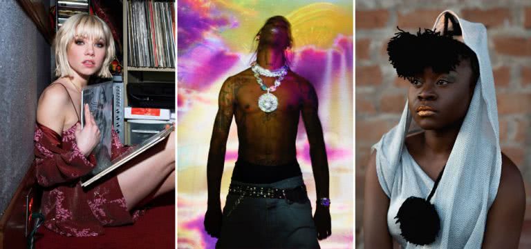 3 panel image of Carly Rae Jepsen, Travis Scott, and Sampa The Great, all of who are performing at the 2019 SandTunes Festival