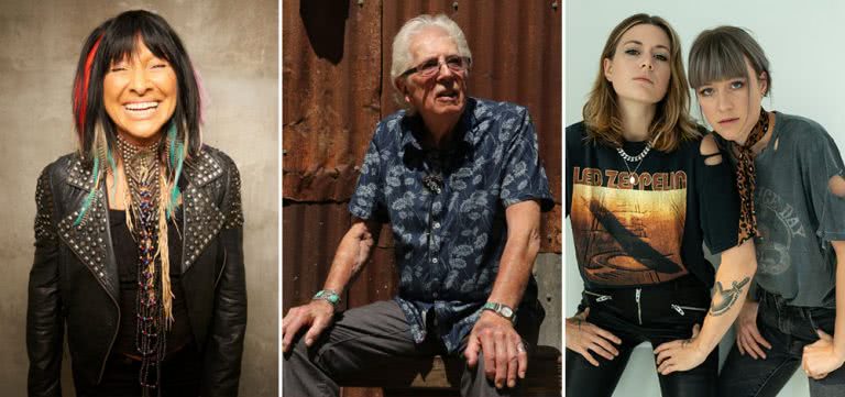 Three panel image of Buffy Saint Marie, John Mayall, and Larkin Poe, who have just announced Bluesfest sideshows
