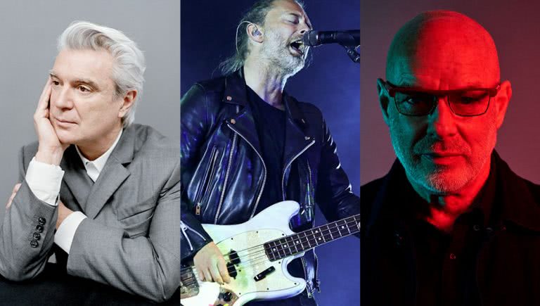 Photo collage of Brian Eno, David Byrne and Thom Yorke