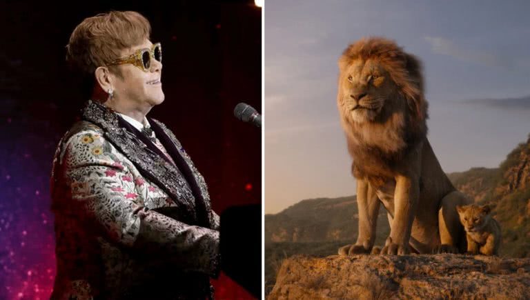2 panel image of Elton John and a still from the 2019 remake of 'The Lion King'