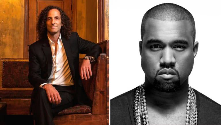 2 panel image of Kenny G and Kanye West