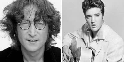 2 panel image of John Lennon and Elvis Presley