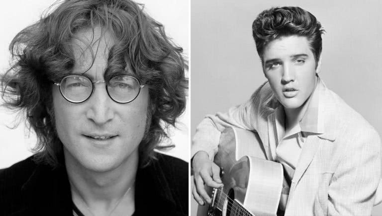 2 panel image of John Lennon and Elvis Presley
