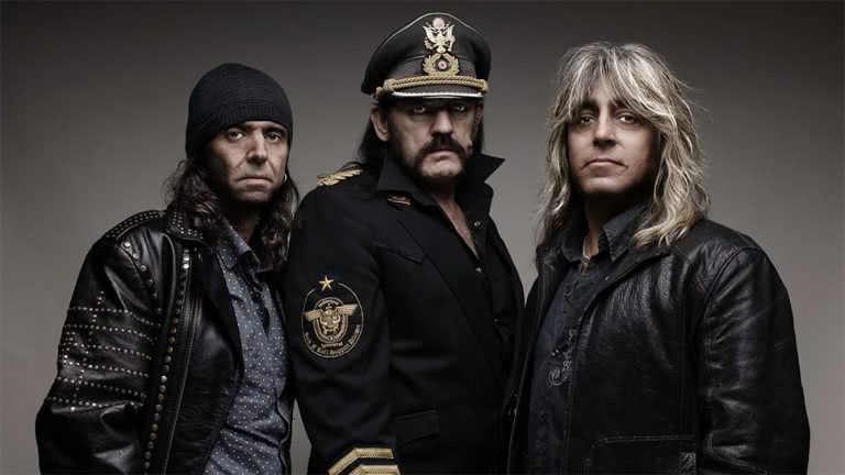 Image of the final lineup of Motörhead, including Phil Campbell, Lemmy Kilmister, and Mikkey Dee
