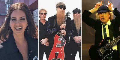 3 panel image of Lana Del Rey, ZZ Top, and Angus Young, three musicians who fabricated stories about their past