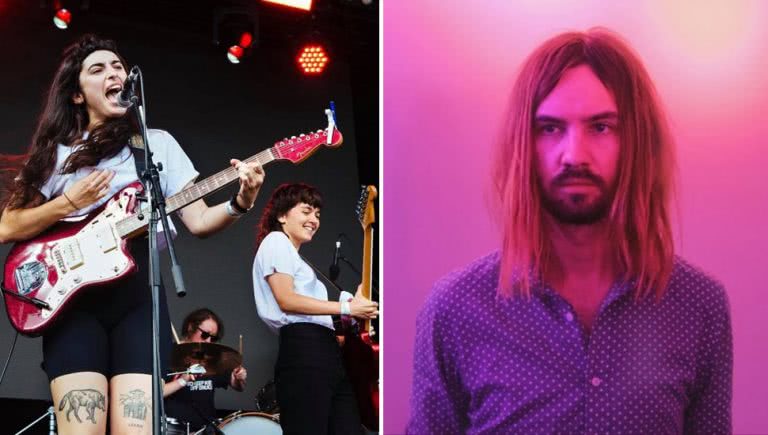 2 panel image of Georgia Maq of Camp Cope and Courtney Barnett performing live, and Kevin Parker of Tame Impala, three Aussie artists to have made Pitchfork's latest list