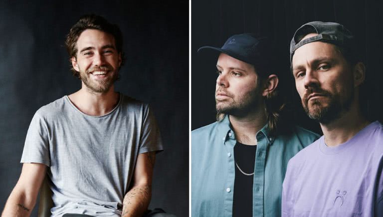 2 panel image of Matt Corby and Hermitude, who lead the 2020 Party In The Paddock lineup