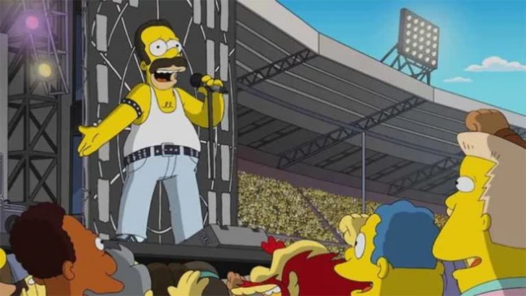 Image of The Simpsons recreating the iconic Live Aid performance from Queen