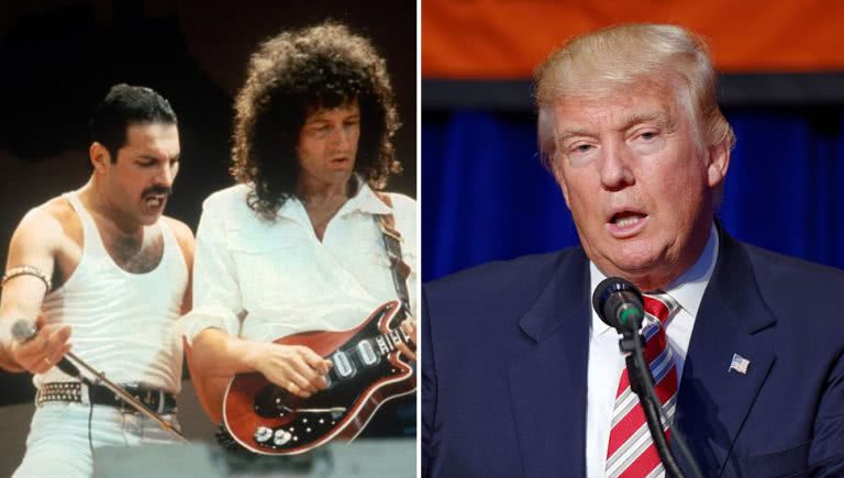 2 panel image of Queen and Donald Trump