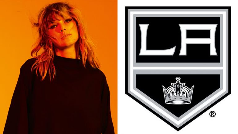 2 panel image of Taylor Swift and the logo for the LA Kings