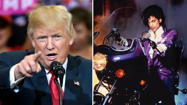2 panel image of Donald Trump and late music icon Prince