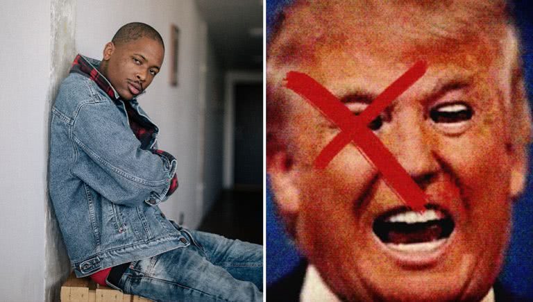 2 panel image of US rapper YG and the artwork to his single 'FDT', or "Fuck Donald Trump"
