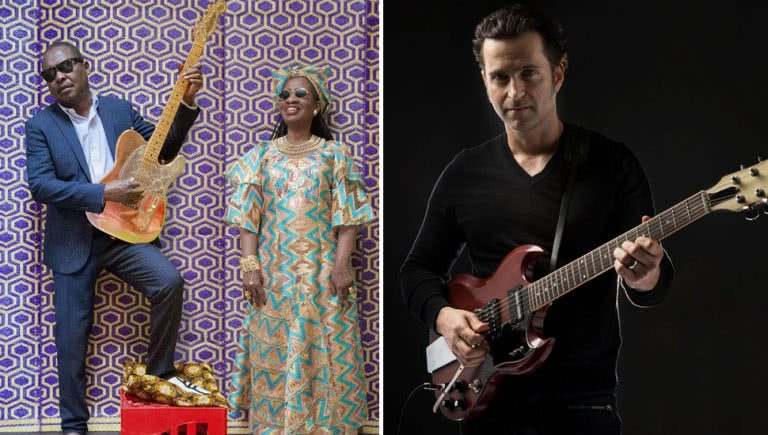 2 panel image of Amadou & Mariam and Dweezil Zappa, two artists who have just announced Bluesfest sideshows