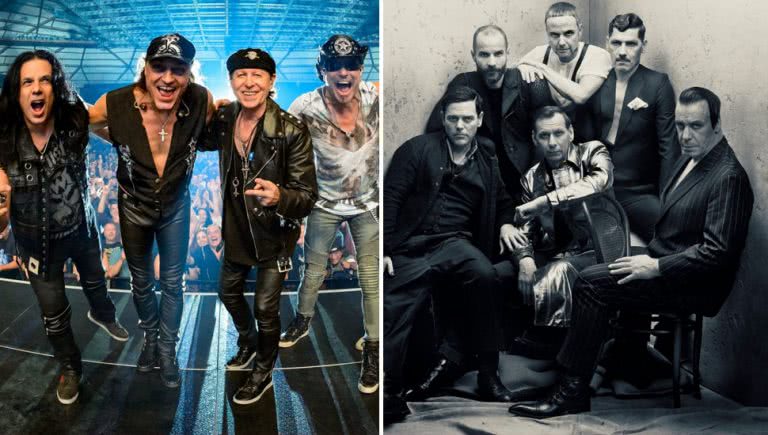 2 panel image of Scorpions and Rammstein, two of the greatest German metal bands of all time