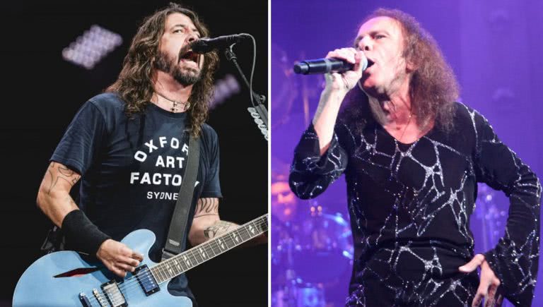 2 panel image of Dave Grohl and Ronnie James Dio